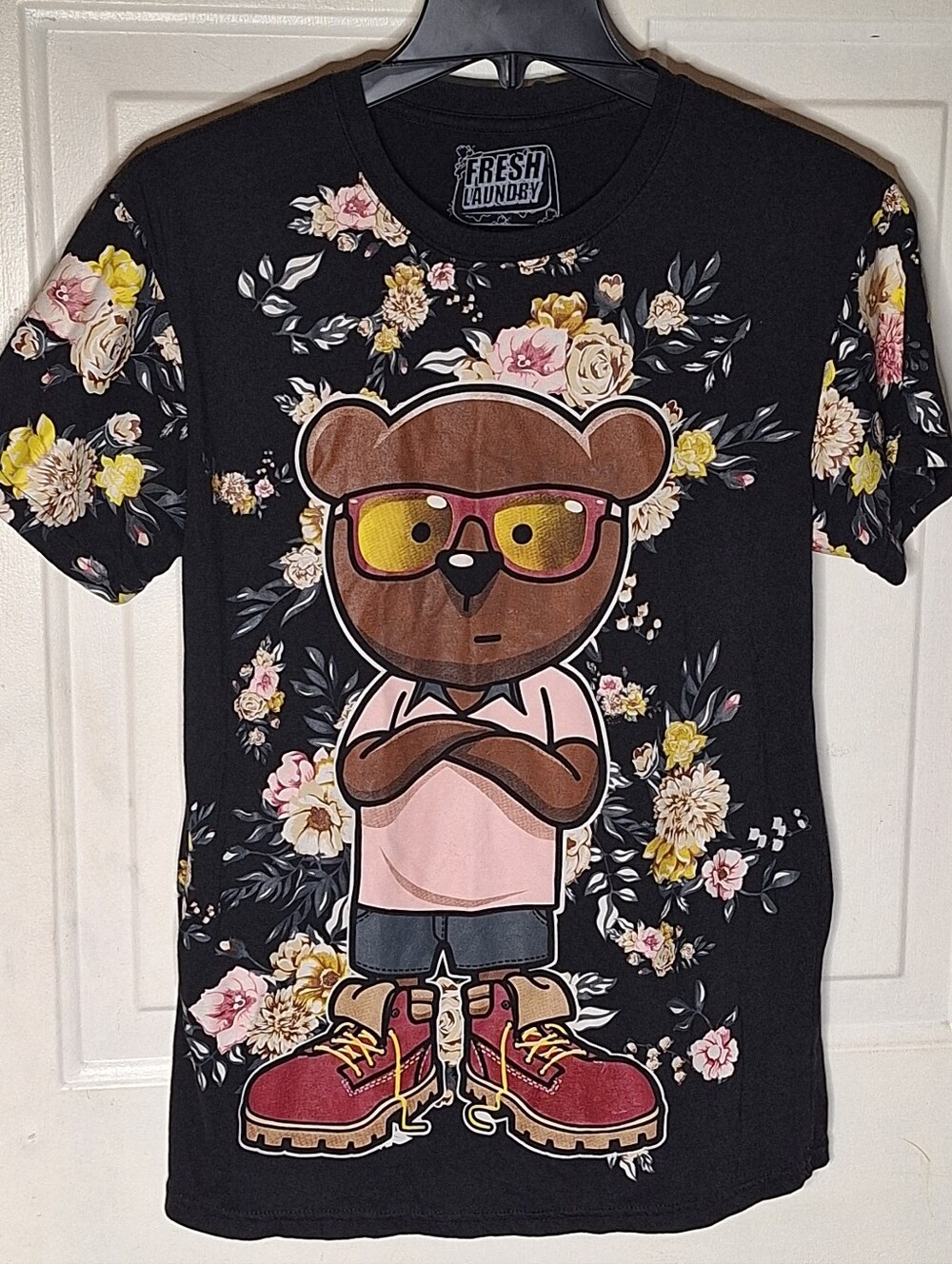 Fresh Laundry Graphic T-Shirt~Flowers & Bear~Trendy Tee~Whimsygoth~Medium